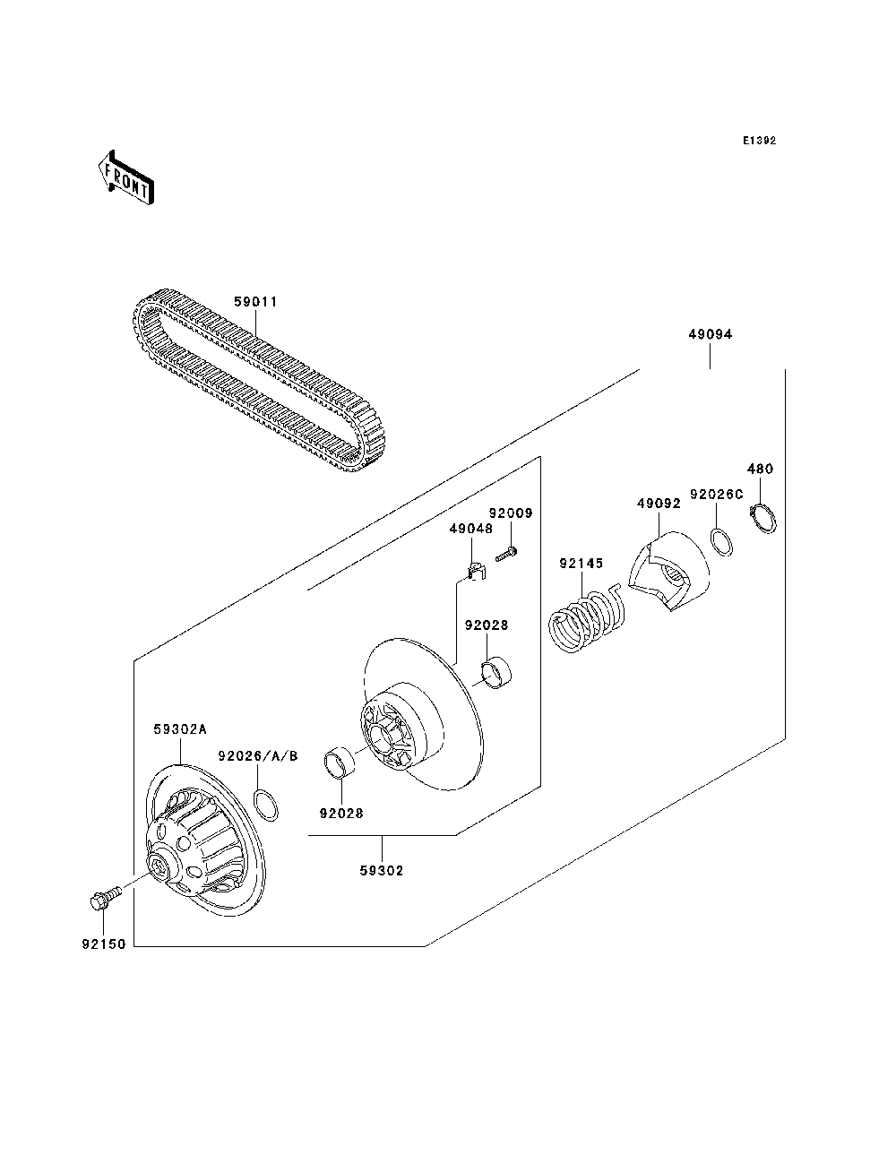 Driven Converter/Drive Belt Diagram and Parts List for KAF620K7F 2007 & Prior Kawasaki Lawn Tractor Accessories