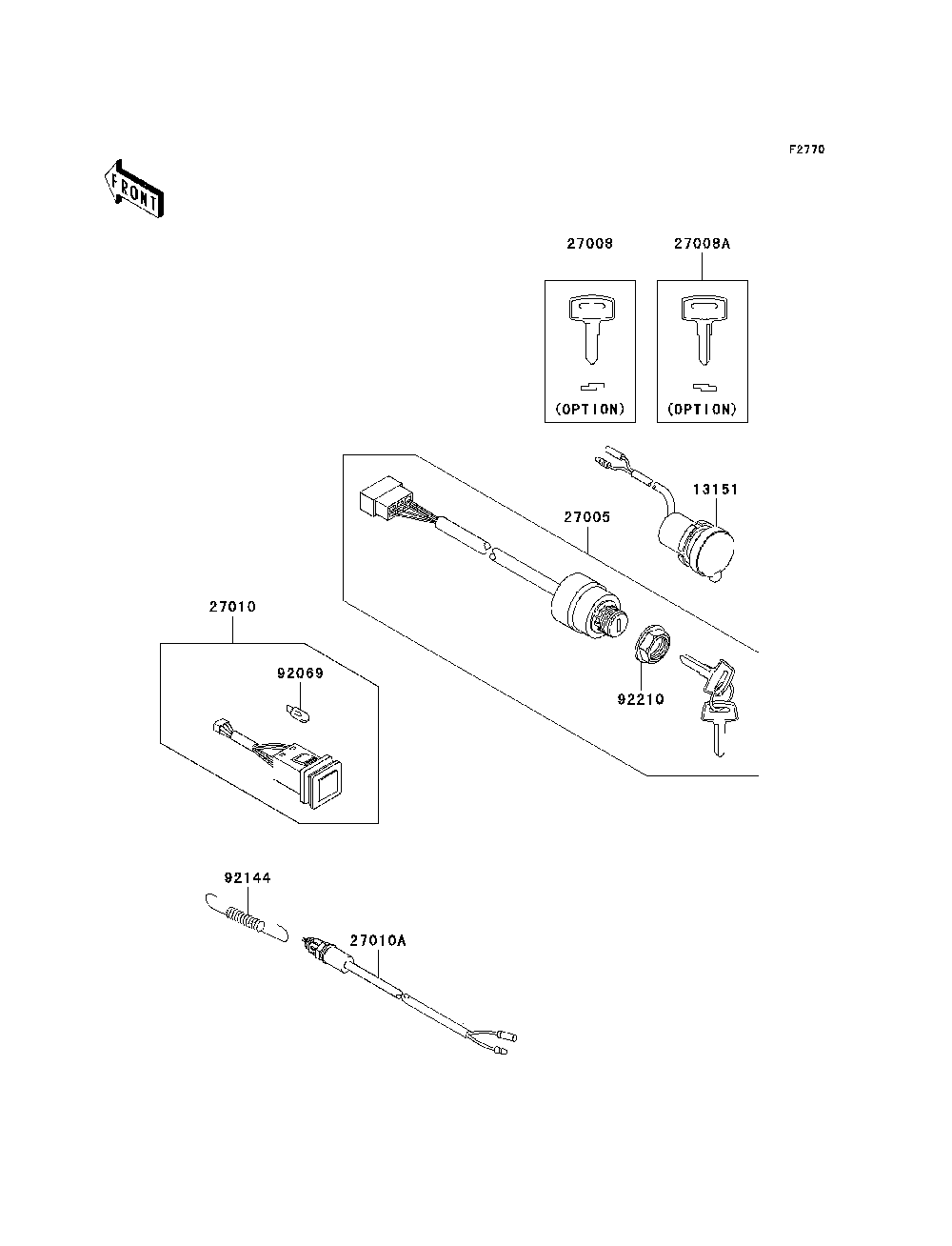 Ignition Switch Diagram and Parts List for KAF400A7F 2007 & Prior Kawasaki Lawn Tractor Accessories
