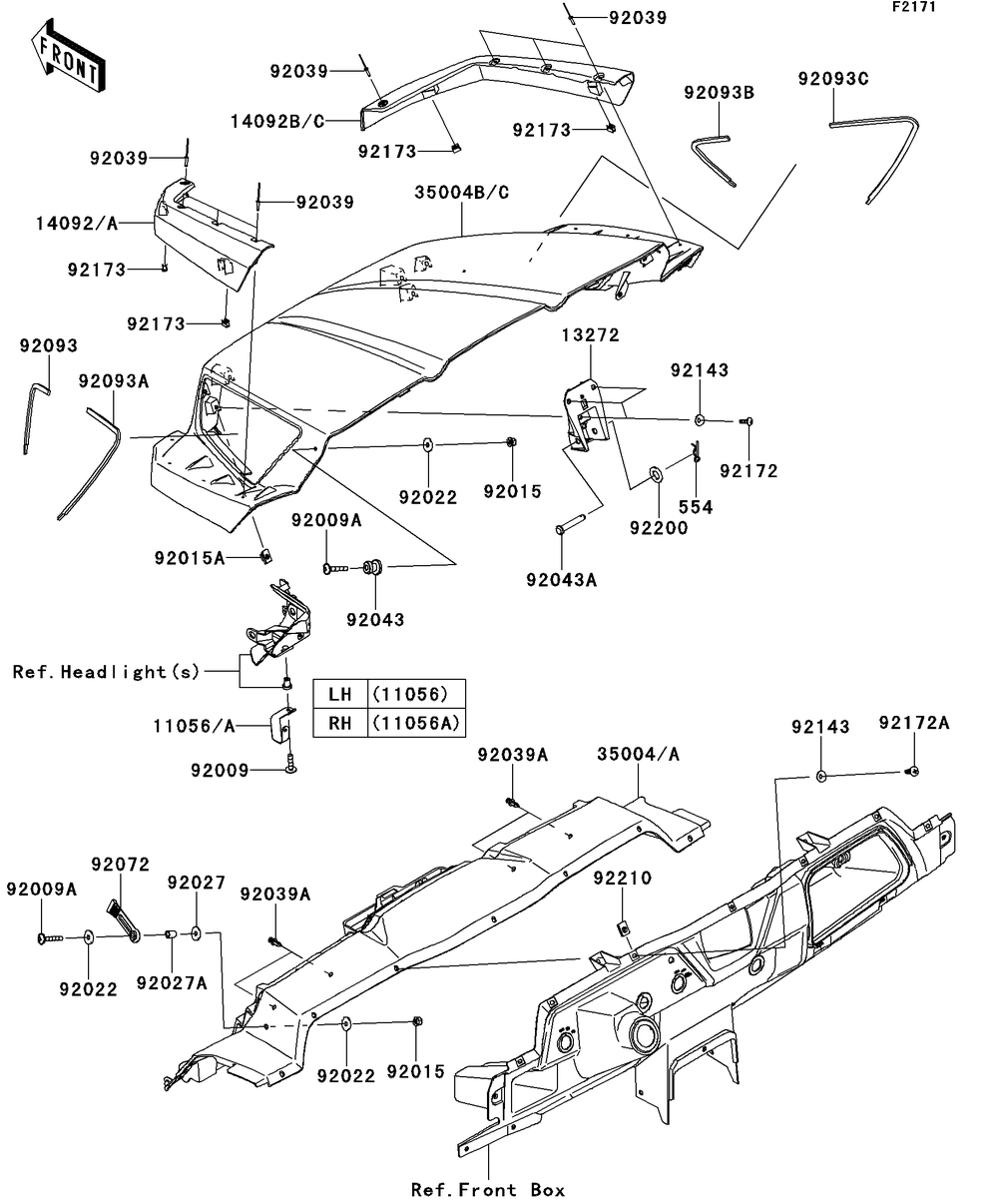 Front Fender Diagram and Parts List for KRT750BCF 2012 Kawasaki Lawn Tractor Accessories