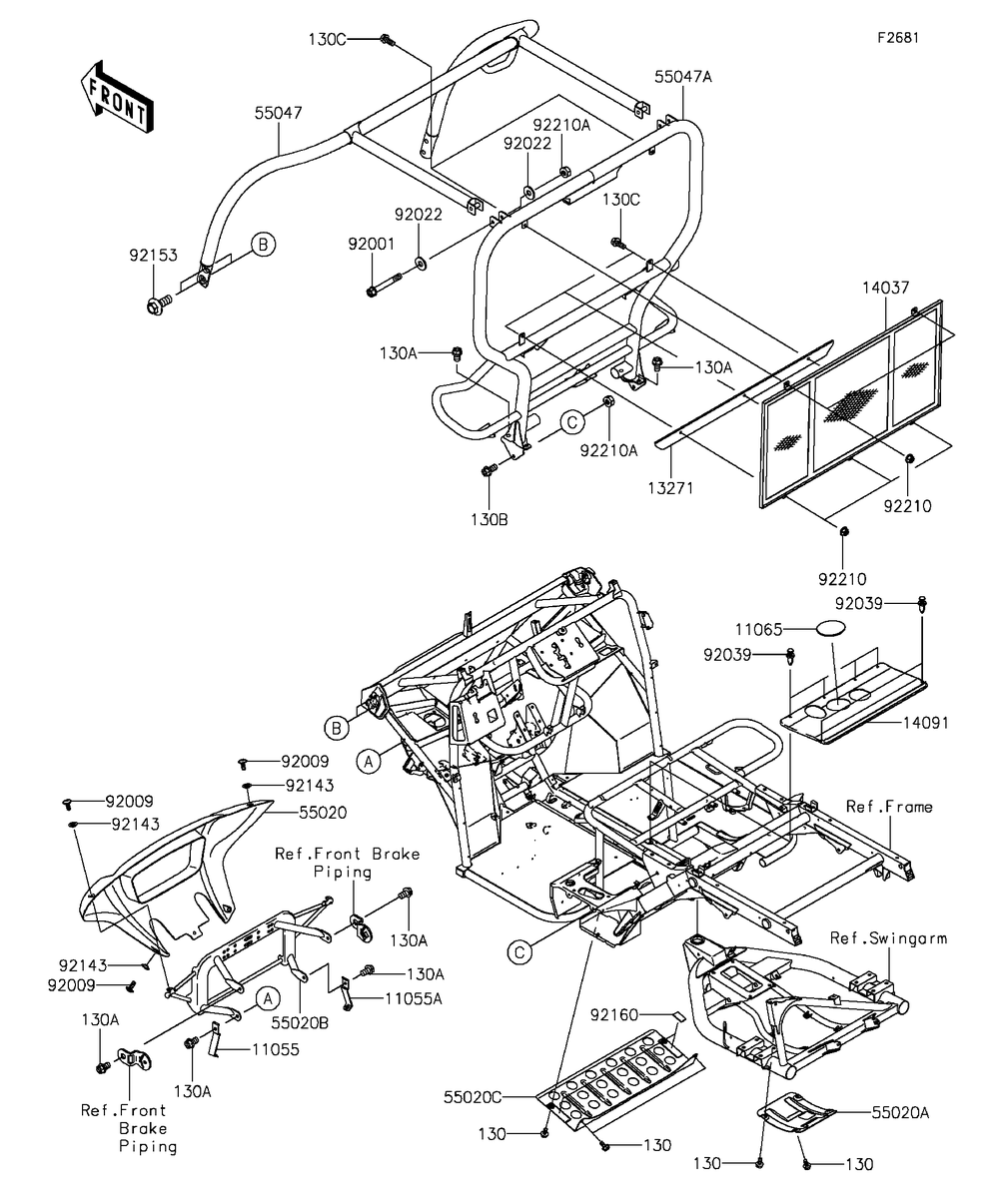 Guards/Cab Frame Diagram and Parts List for KAF400BGF 2016 Kawasaki Lawn Tractor Accessories