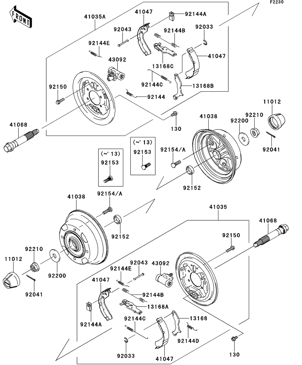 Front Hubs/Brakes Diagram and Parts List for KAF400BEF 2014 Kawasaki Lawn Tractor Accessories