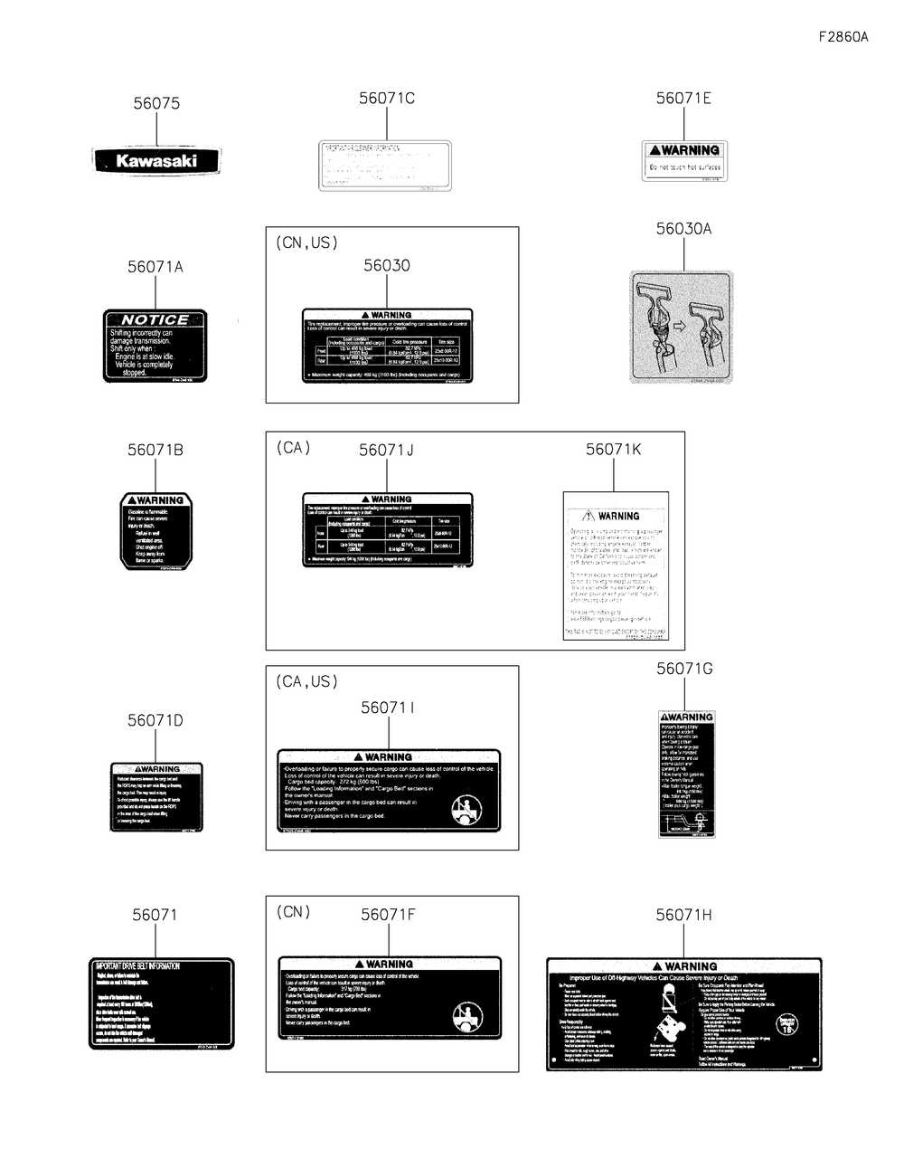 Labels Diagram and Parts List for KAF700CLF 2020 Kawasaki Lawn Tractor Accessories