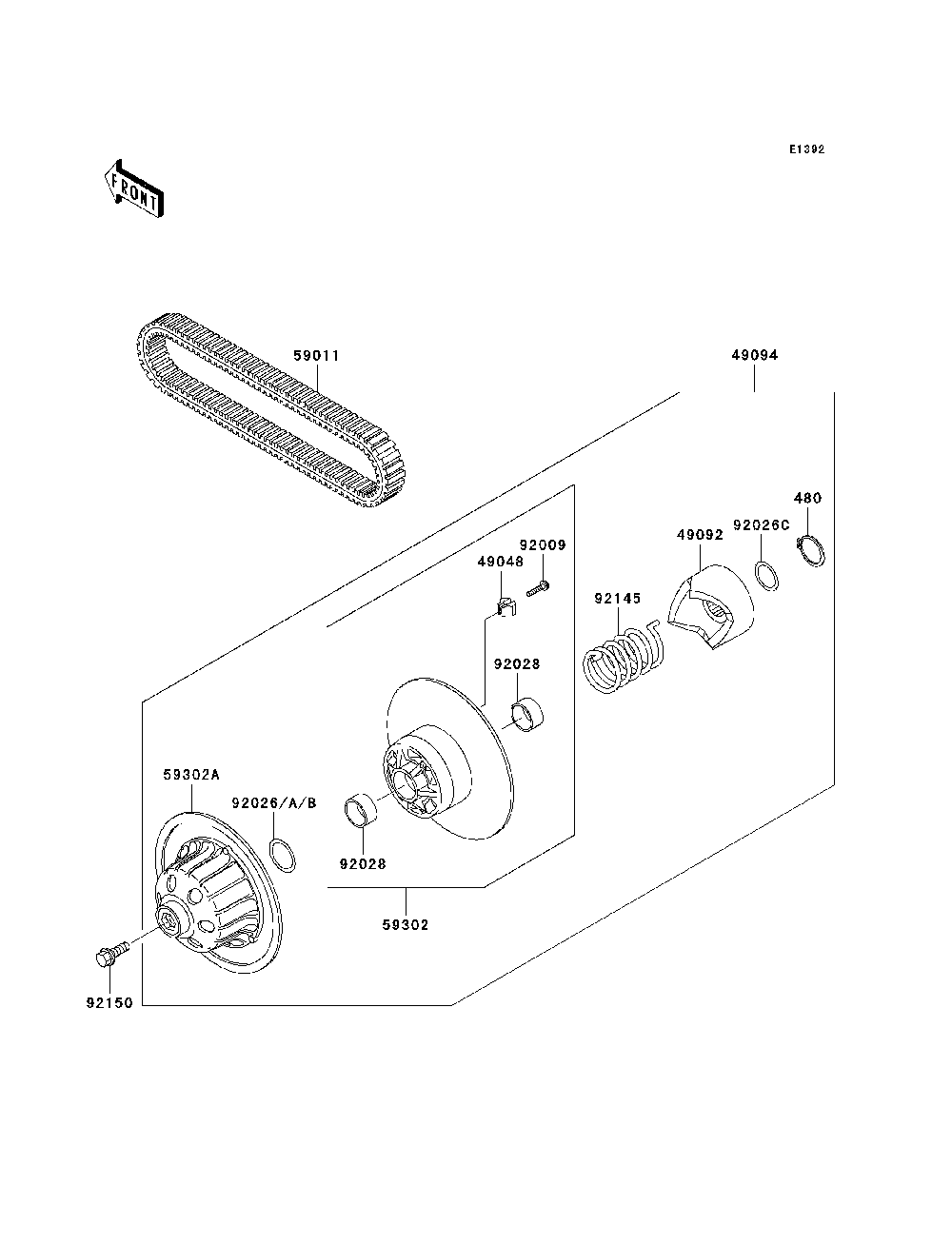Driven Converter/Drive Belt Diagram and Parts List for KAF620H7F 2007 & Prior Kawasaki Lawn Tractor Accessories