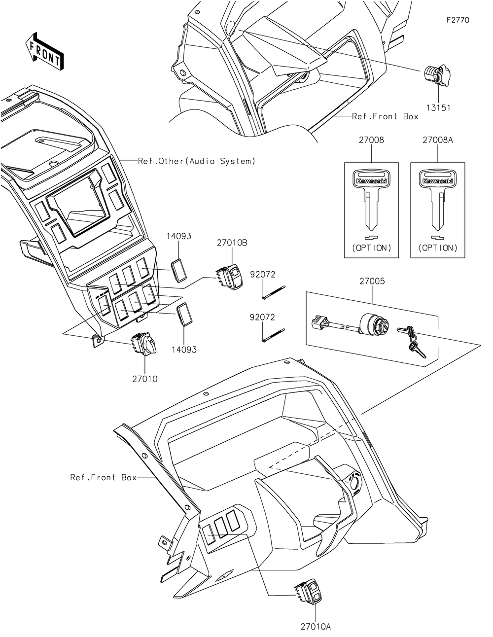 Ignition Switch Diagram and Parts List for KRF1000CPFNN 2023 Kawasaki Lawn Tractor Accessories