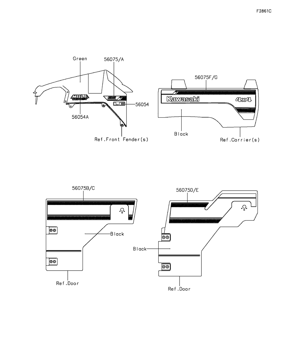 Decals(Green)(Cgf) Diagram and Parts List for KAF820CGF 2016 Kawasaki Lawn Tractor Accessories