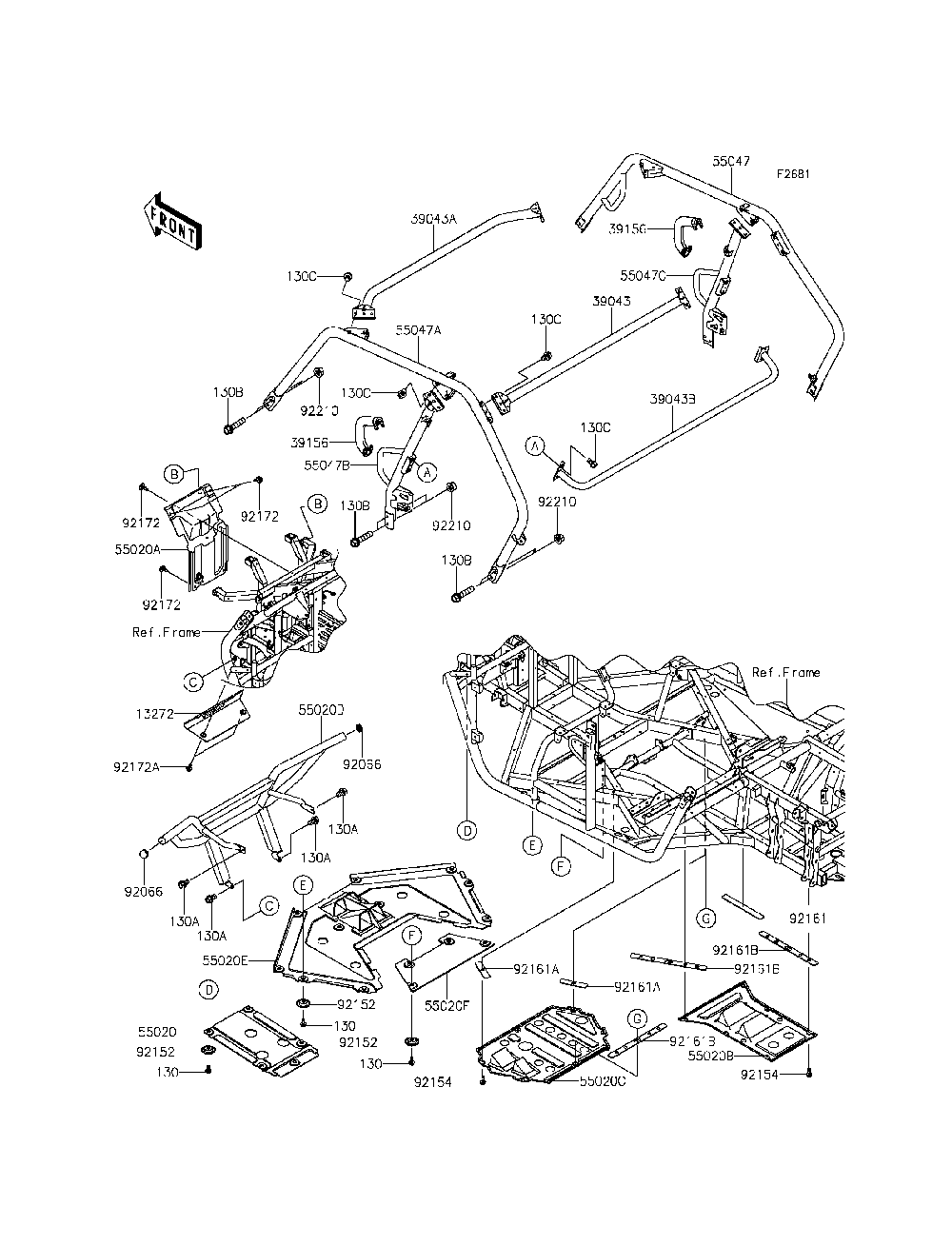 Guards/Cab Frame Diagram and Parts List for KRF800DFF 2015 Kawasaki Lawn Tractor Accessories