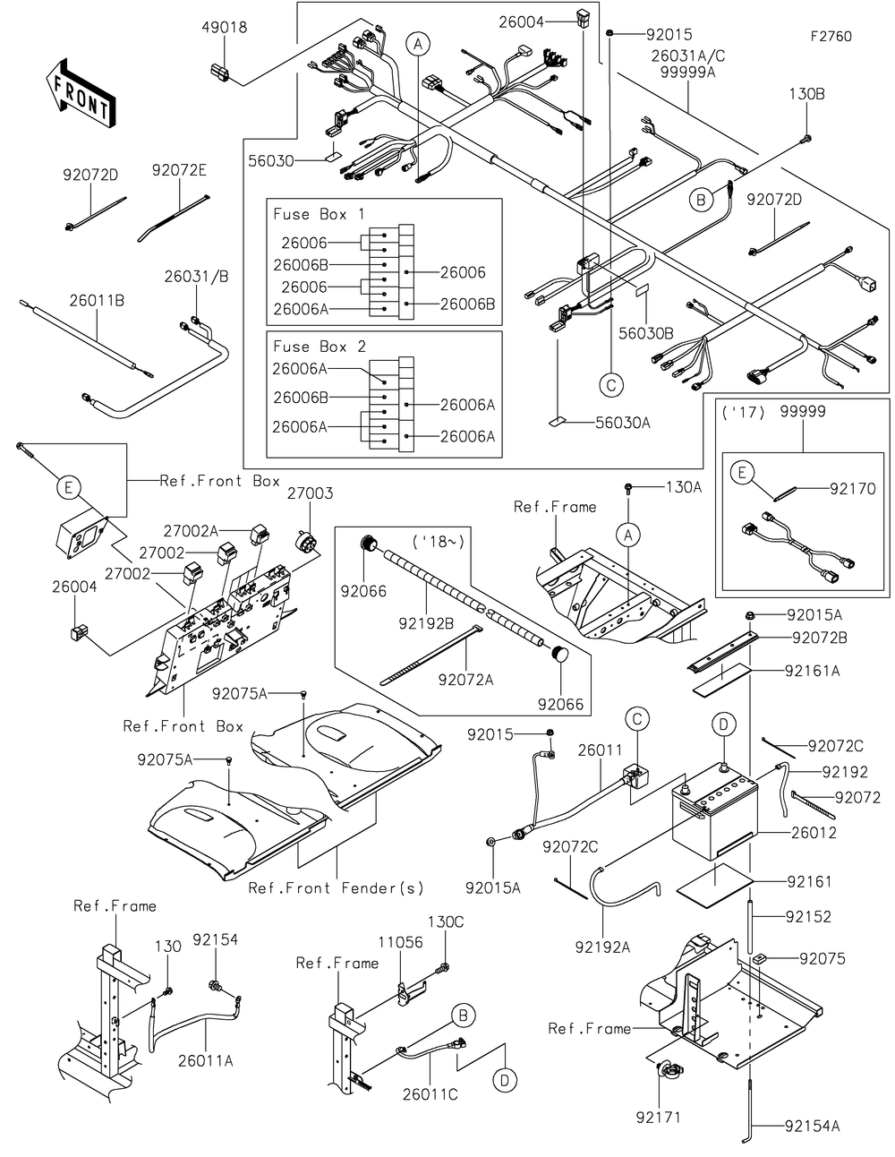 Chassis Electrical Equipment Diagram and Parts List for KAF1000AHF 2017 Kawasaki Lawn Tractor Accessories