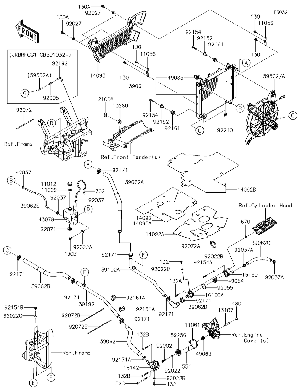 Radiator Diagram and Parts List for KRF800GJF 2018 Kawasaki Lawn Tractor Accessories