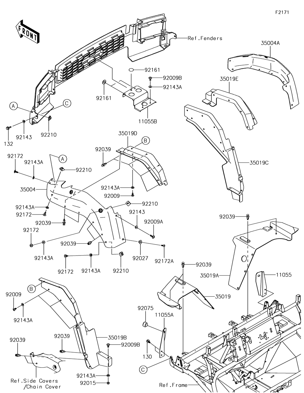 Front Fender Diagram and Parts List for KAF620RHF 2017 Kawasaki Lawn Tractor Accessories