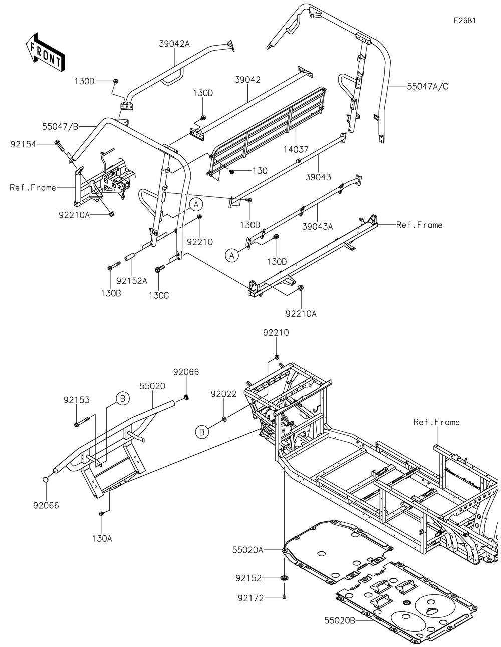 Guards/Cab Frame Diagram and Parts List for KAF1000EJF 2018 Kawasaki Lawn Tractor Accessories