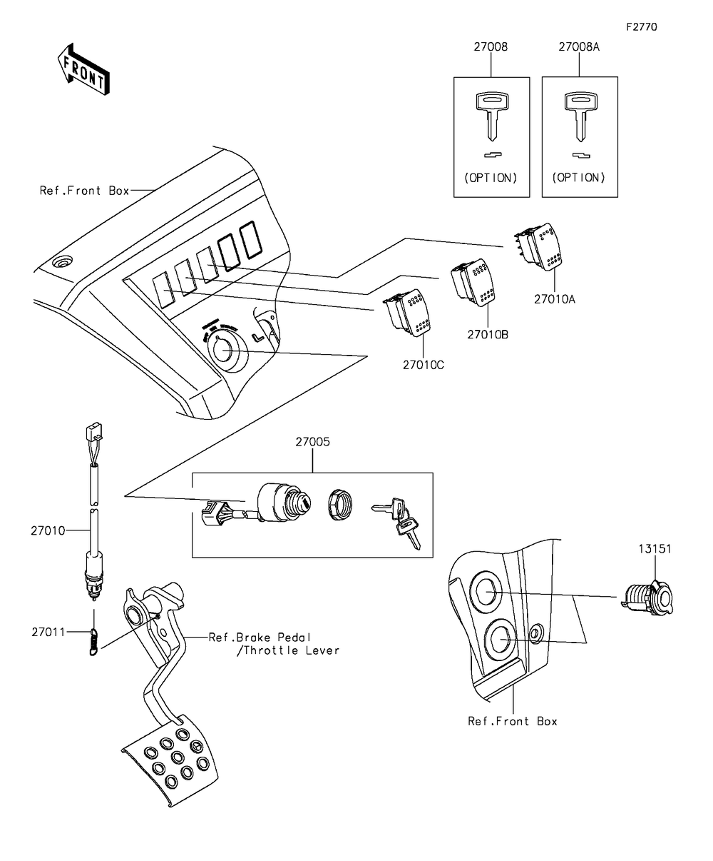 Ignition Switch Diagram and Parts List for KAF820FGF 2016 Kawasaki Lawn Tractor Accessories