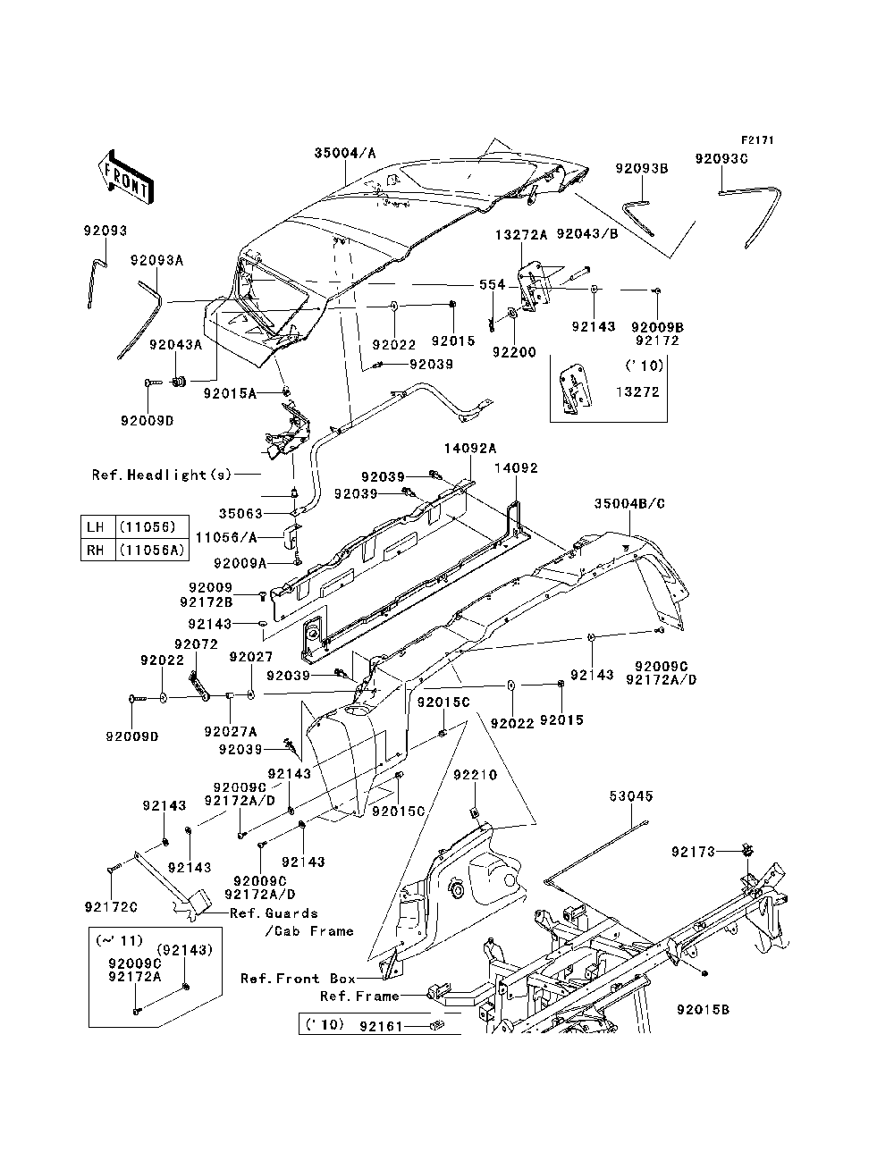 Front Fender Diagram and Parts List for KRF750NCS 2012 Kawasaki Lawn Tractor Accessories