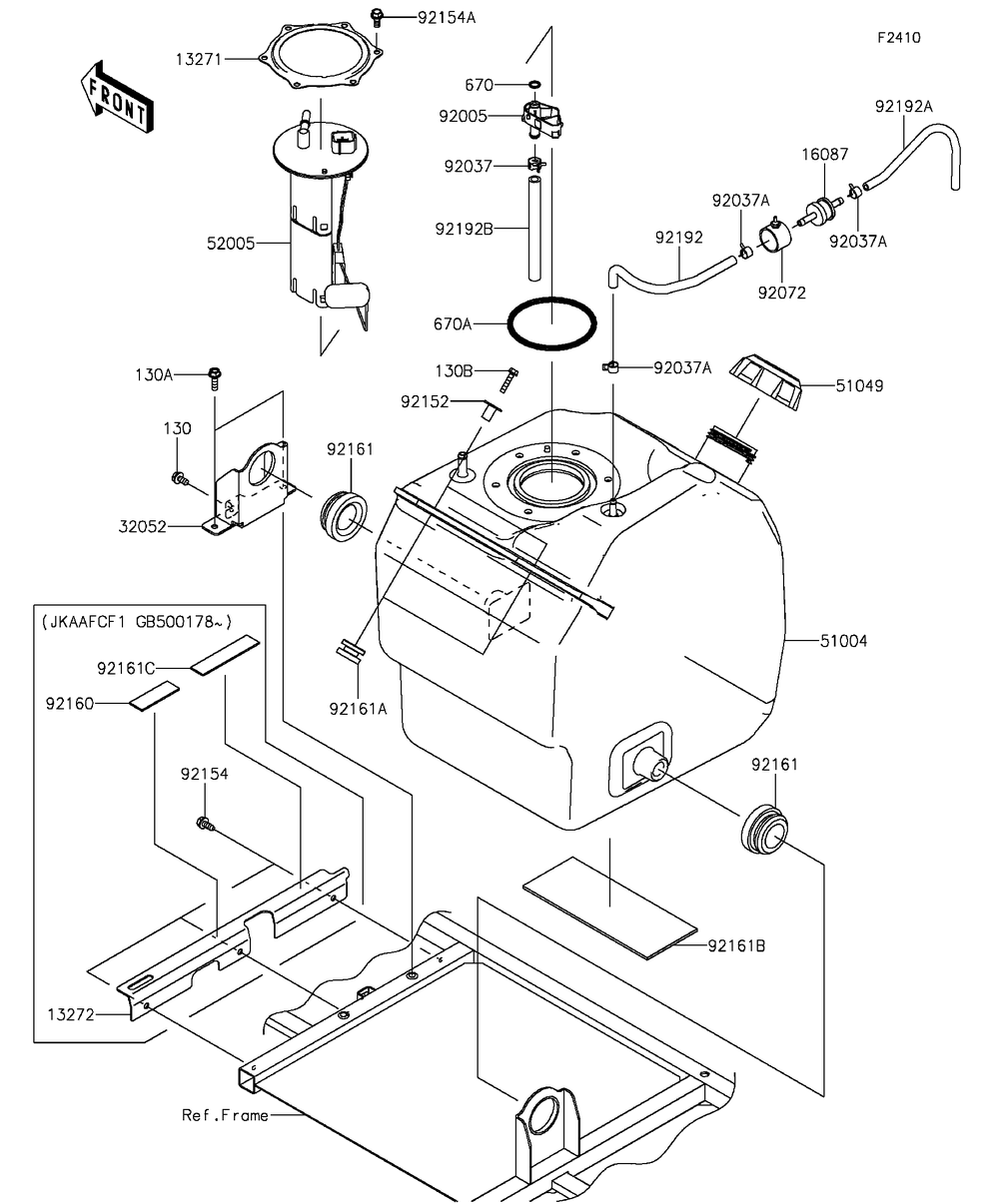 Fuel Tank Diagram and Parts List for KAF1000FGF 2016 Kawasaki Lawn Tractor Accessories