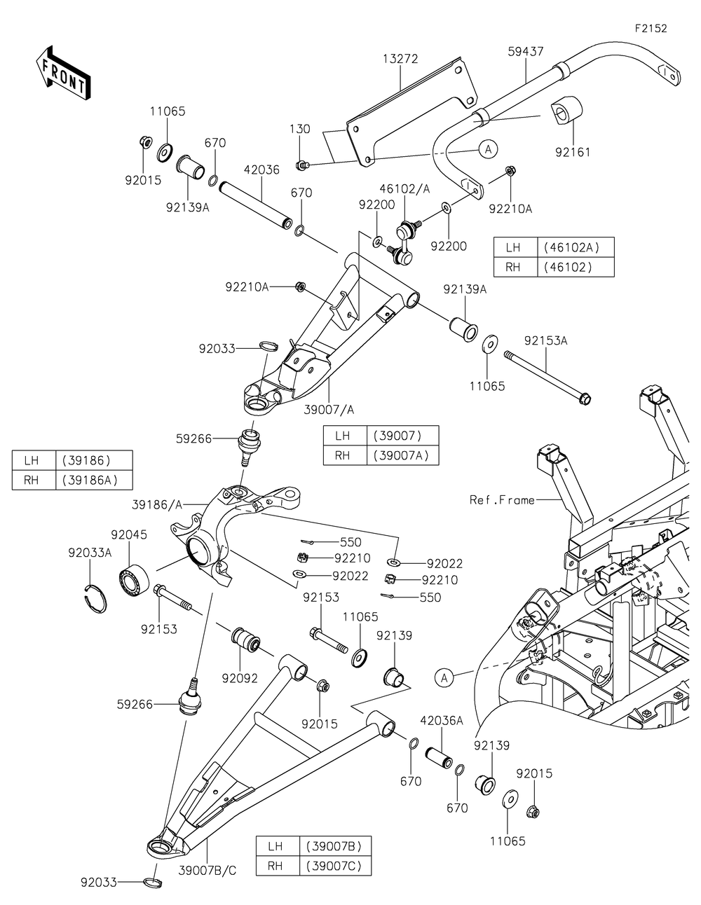 Front Suspension Diagram and Parts List for KRT800LPFNN 2023 Kawasaki Lawn Tractor Accessories