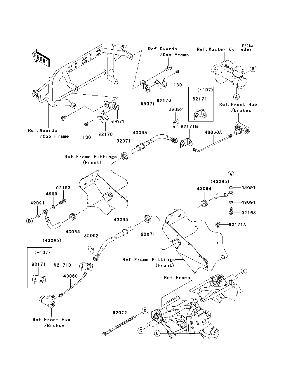 Front Brake Piping Diagram and Parts List for KAF400B7F 2007 & Prior Kawasaki Lawn Tractor Accessories