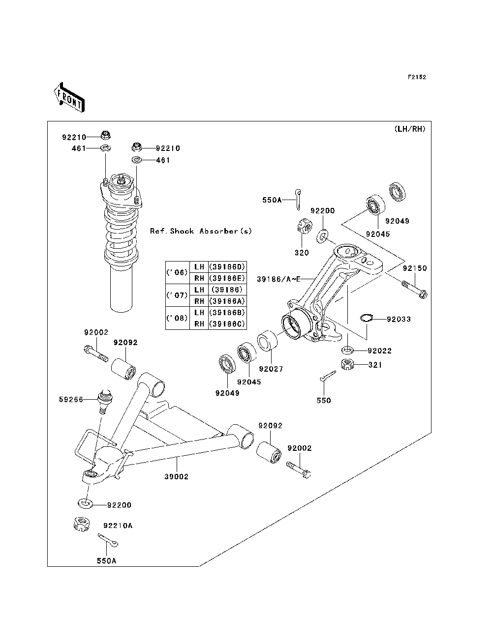 Front Suspension Diagram and Parts List for KAF620E7F 2007 & Prior Kawasaki Lawn Tractor Accessories