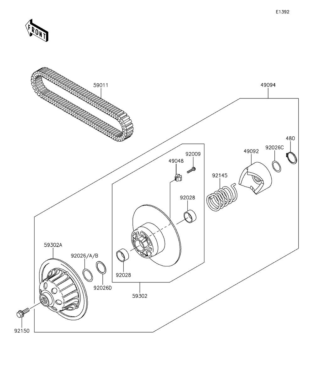 Driven Converter/Drive Belt Diagram and Parts List for KAF620RFF 2015 Kawasaki Lawn Tractor Accessories