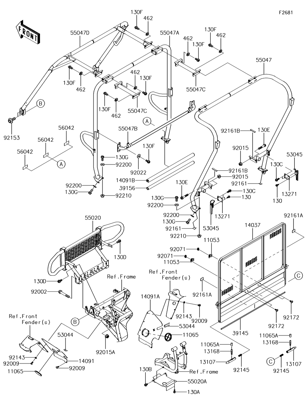 Guards/Cab Frame Diagram and Parts List for KAF620VGF 2016 Kawasaki Lawn Tractor Accessories