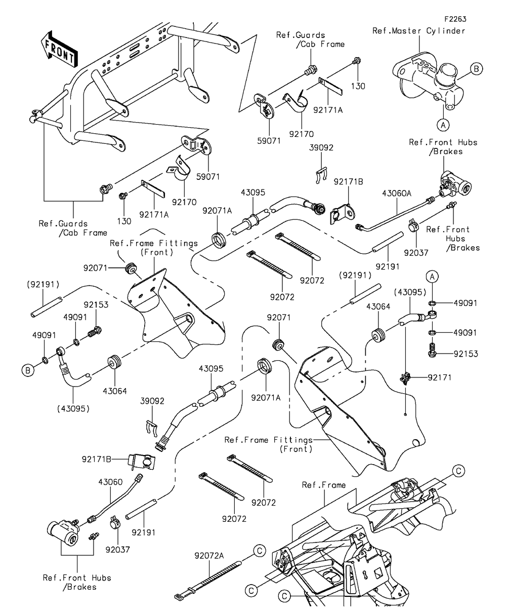 Front Brake Piping Diagram and Parts List for KAF400DFF 2015 Kawasaki Lawn Tractor Accessories