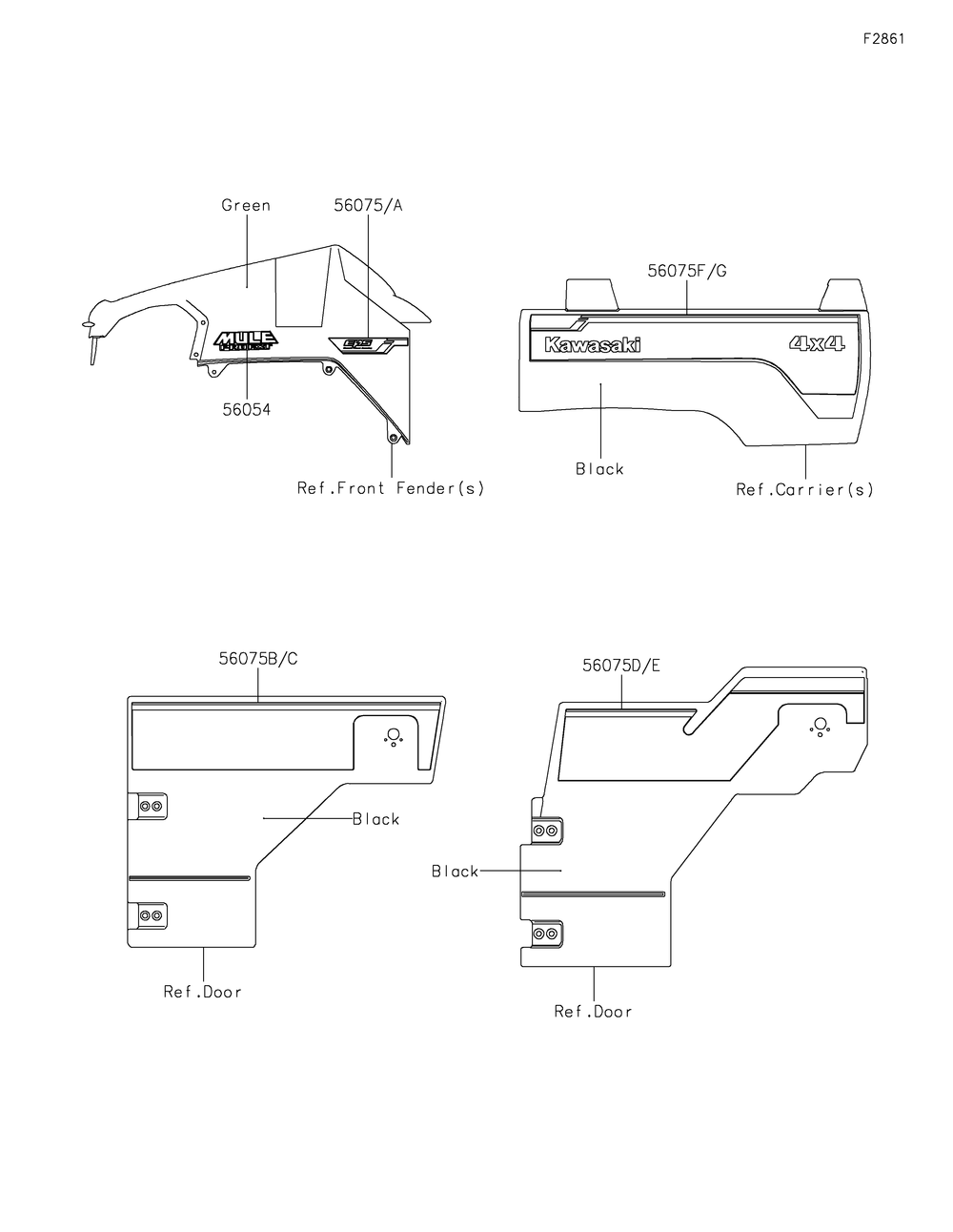 Decals(Green) Diagram and Parts List for KAF820BJF 2018 Kawasaki Lawn Tractor Accessories