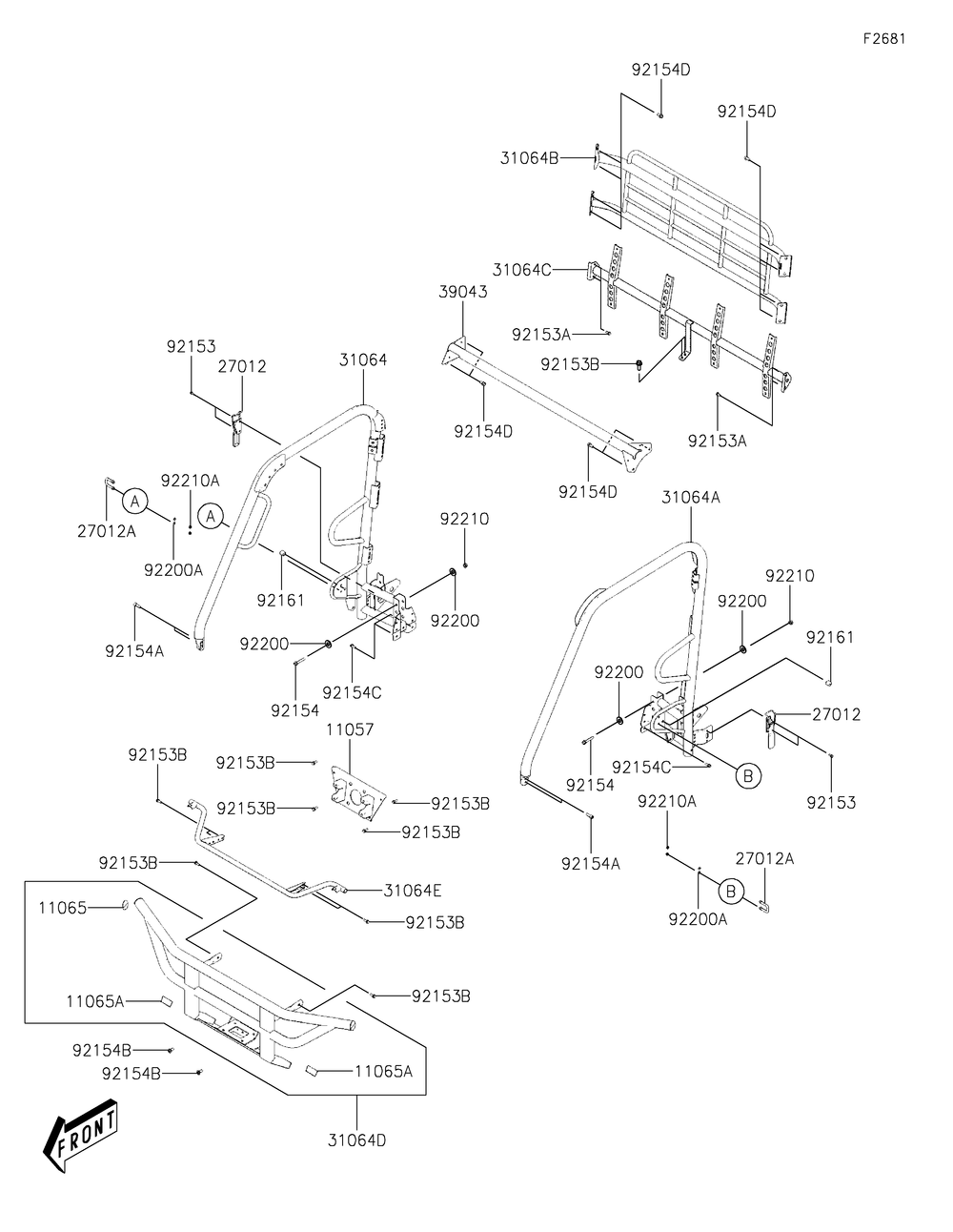 Guards/Cab Frame Diagram and Parts List for KAF700BMFNN 2021 Kawasaki Lawn Tractor Accessories