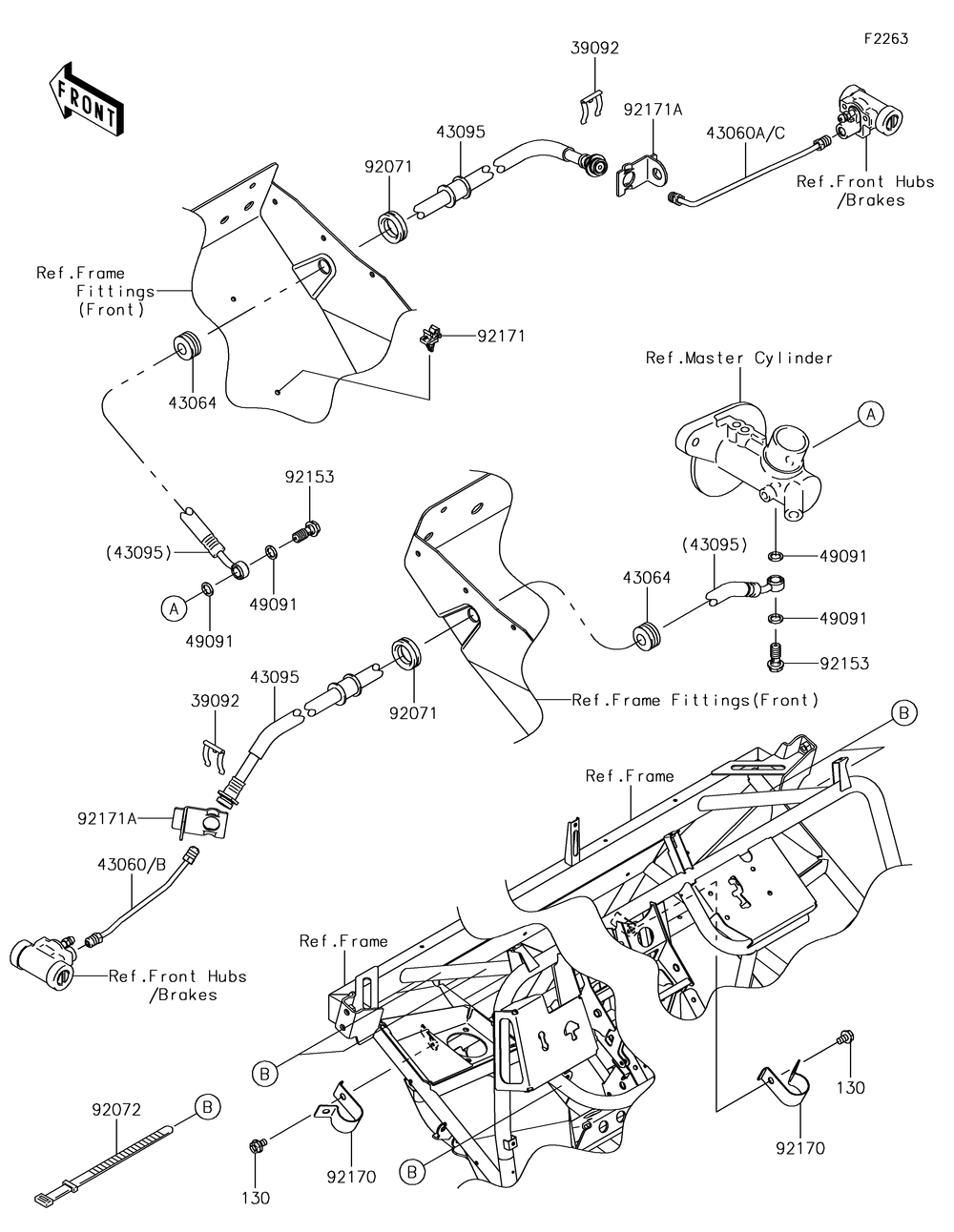 Front Brake Piping Diagram and Parts List for KAF400JKF 2019 Kawasaki Lawn Tractor Accessories