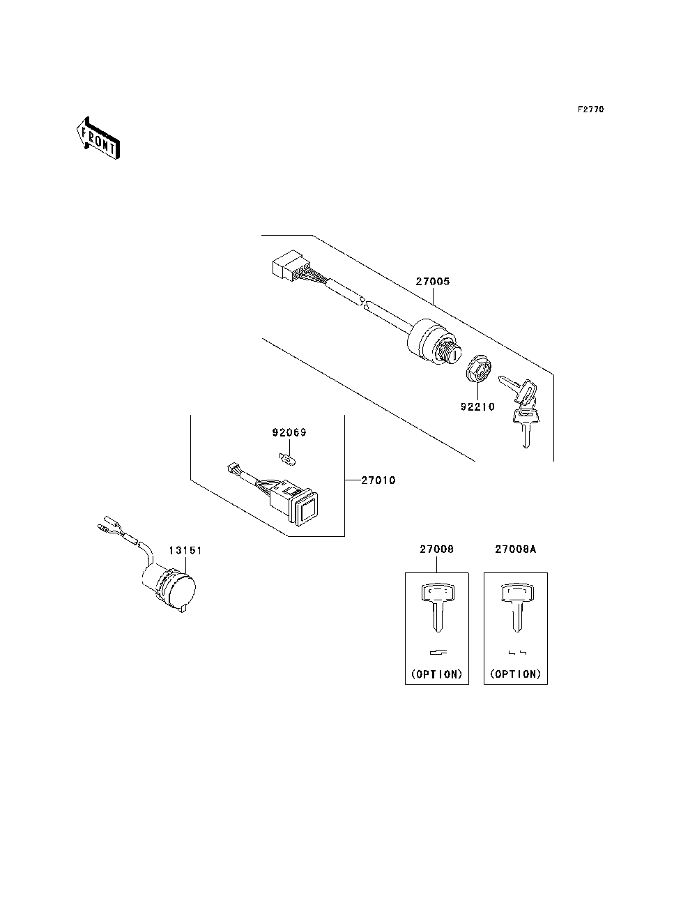 Ignition Switch Diagram and Parts List for KAF950B7F 2007 & Prior Kawasaki Lawn Tractor Accessories