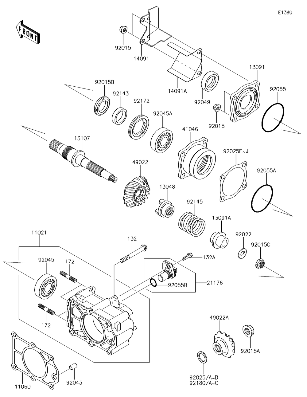 Bevel Gear Case Diagram and Parts List for KAF620SGF 2016 Kawasaki Lawn Tractor Accessories