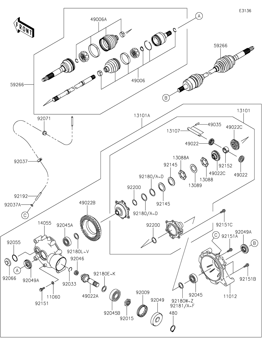 Drive Shaft-Front Diagram and Parts List for KAF400HHF 2017 Kawasaki Lawn Tractor Accessories
