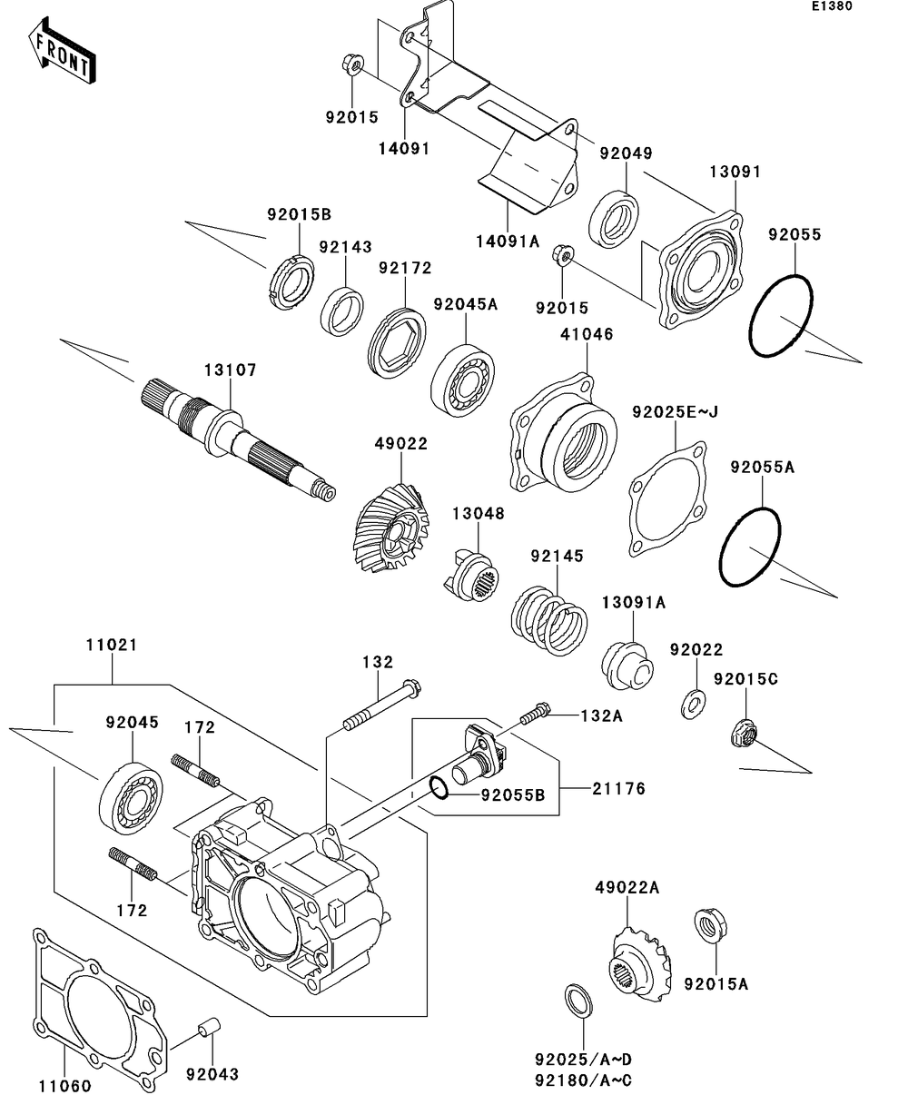 Bevel Gear Case Diagram and Parts List for KAF620RDFA 2013 Kawasaki Lawn Tractor Accessories