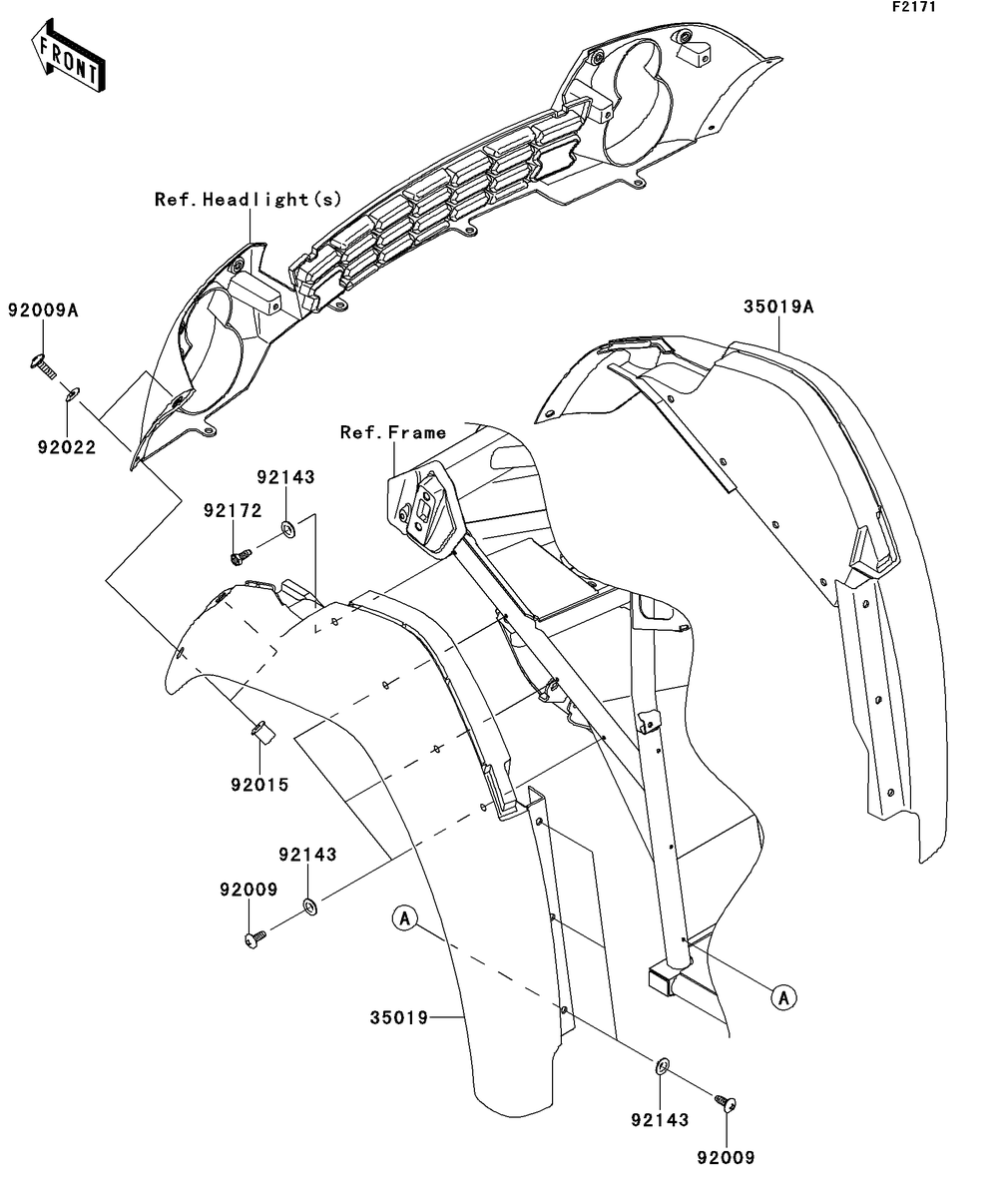Front Fender Diagram and Parts List for KAF400DEF 2014 Kawasaki Lawn Tractor Accessories