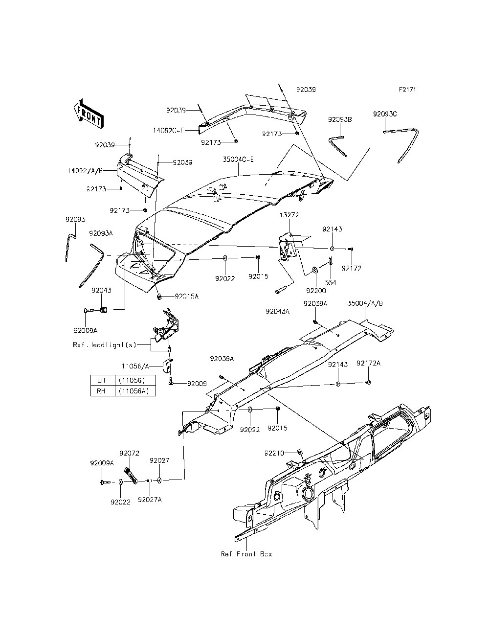 Front Fender Diagram and Parts List for KRT800CFF 2015 Kawasaki Lawn Tractor Accessories
