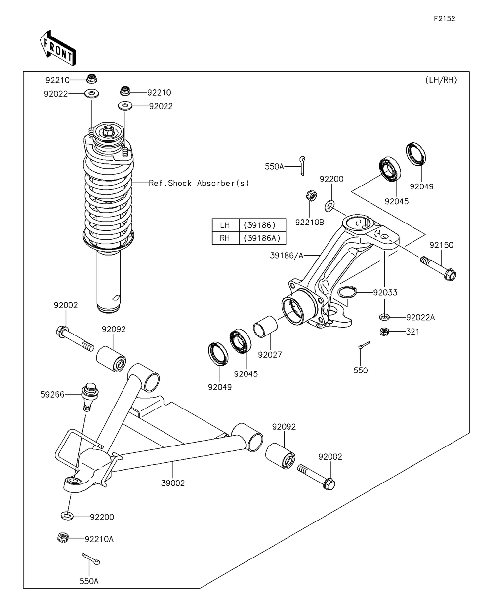 Front Suspension Diagram and Parts List for KAF620RFF 2015 Kawasaki Lawn Tractor Accessories
