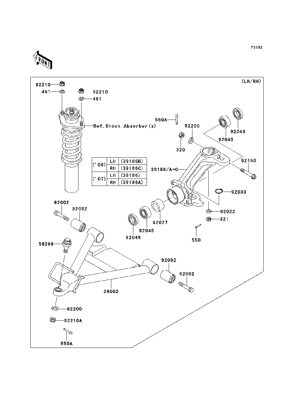 Front Suspension Diagram and Parts List for KAF620K7F 2007 & Prior Kawasaki Lawn Tractor Accessories