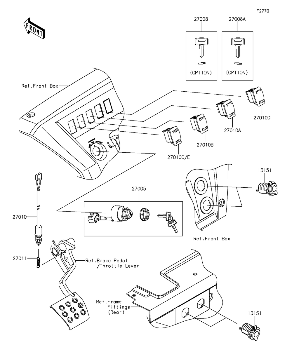 Ignition Switch Diagram and Parts List for KAF820CFF 2015 Kawasaki Lawn Tractor Accessories