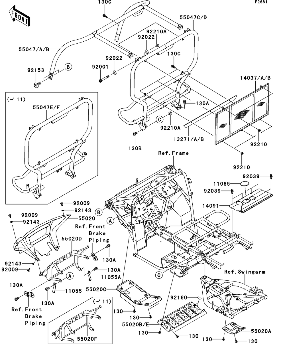 Guards/Cab Frame Diagram and Parts List for KAF400DEF 2014 Kawasaki Lawn Tractor Accessories