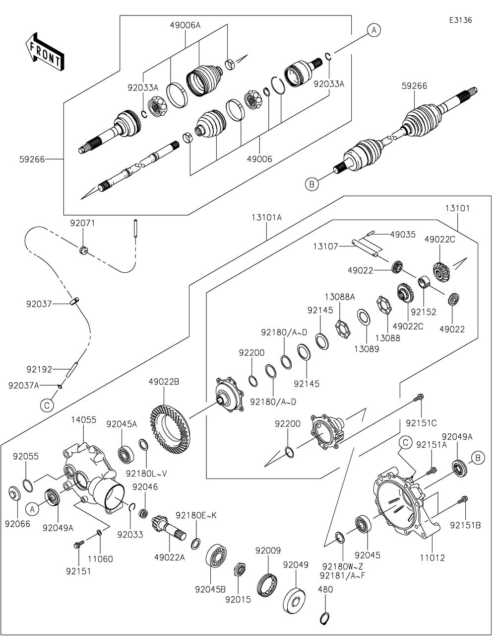 Drive Shaft-Front Diagram and Parts List for KAF400TNFNN 2022 Kawasaki Lawn Tractor Accessories