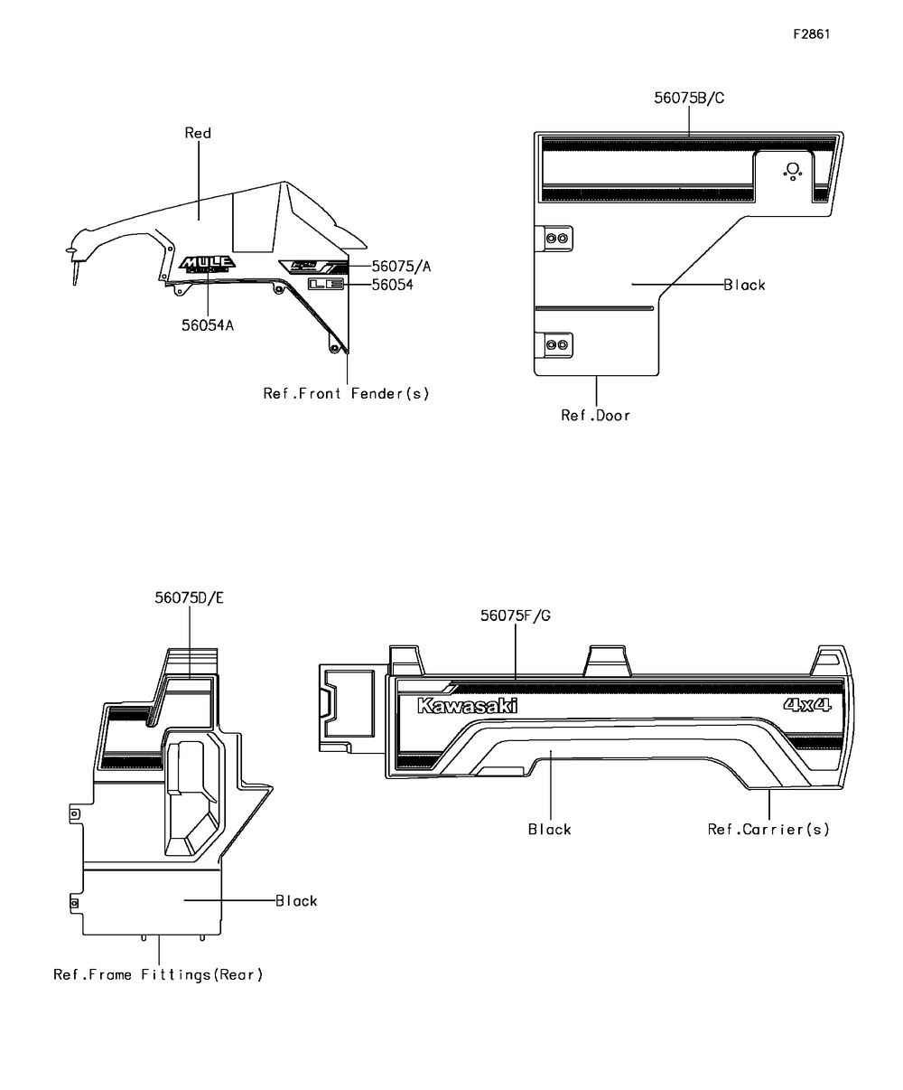 Decals(Red) Diagram and Parts List for KAF820GHF 2017 Kawasaki Lawn Tractor Accessories