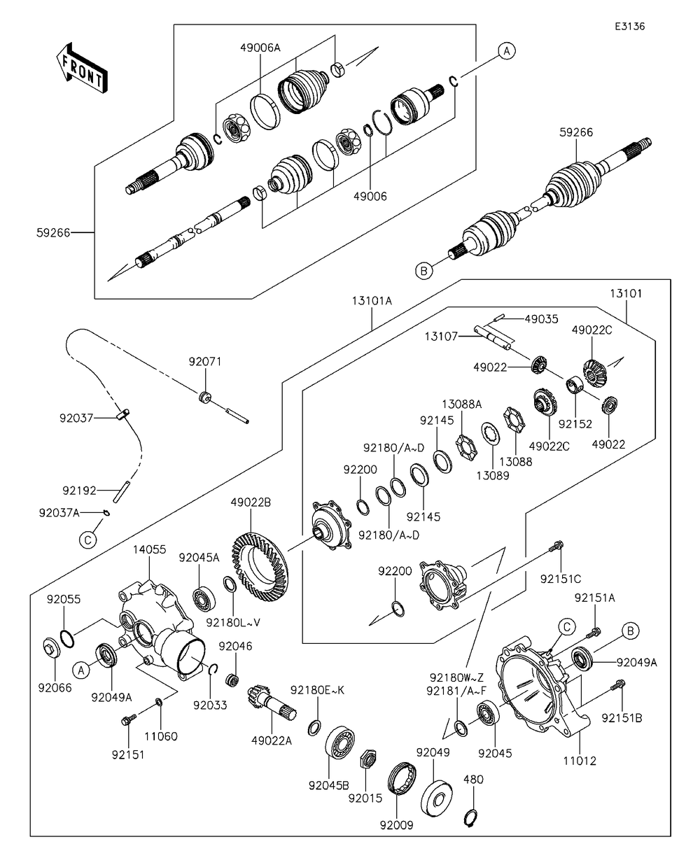 Drive Shaft-Front Diagram and Parts List for KAF400EDF 2013 Kawasaki Lawn Tractor Accessories