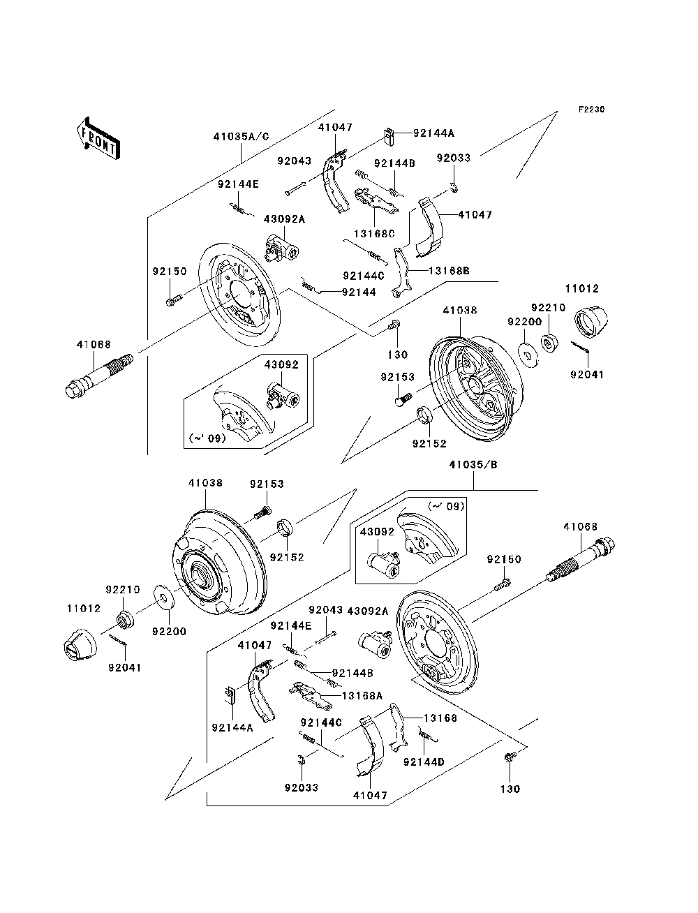 Front Hubs/Brakes Diagram and Parts List for KAF400B7F 2007 & Prior Kawasaki Lawn Tractor Accessories