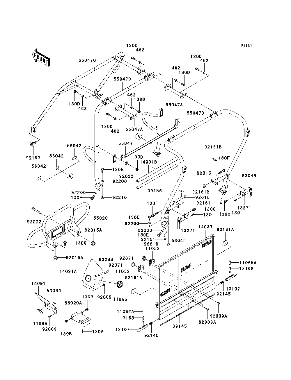 Guards/Cab Frame Diagram and Parts List for KAF950E8F 2008 Kawasaki Lawn Tractor Accessories