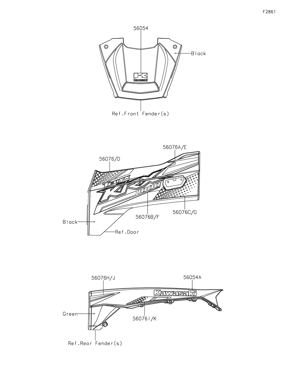 Decals(Green) Diagram and Parts List for KRF1000ALF 2020 Kawasaki Lawn Tractor Accessories