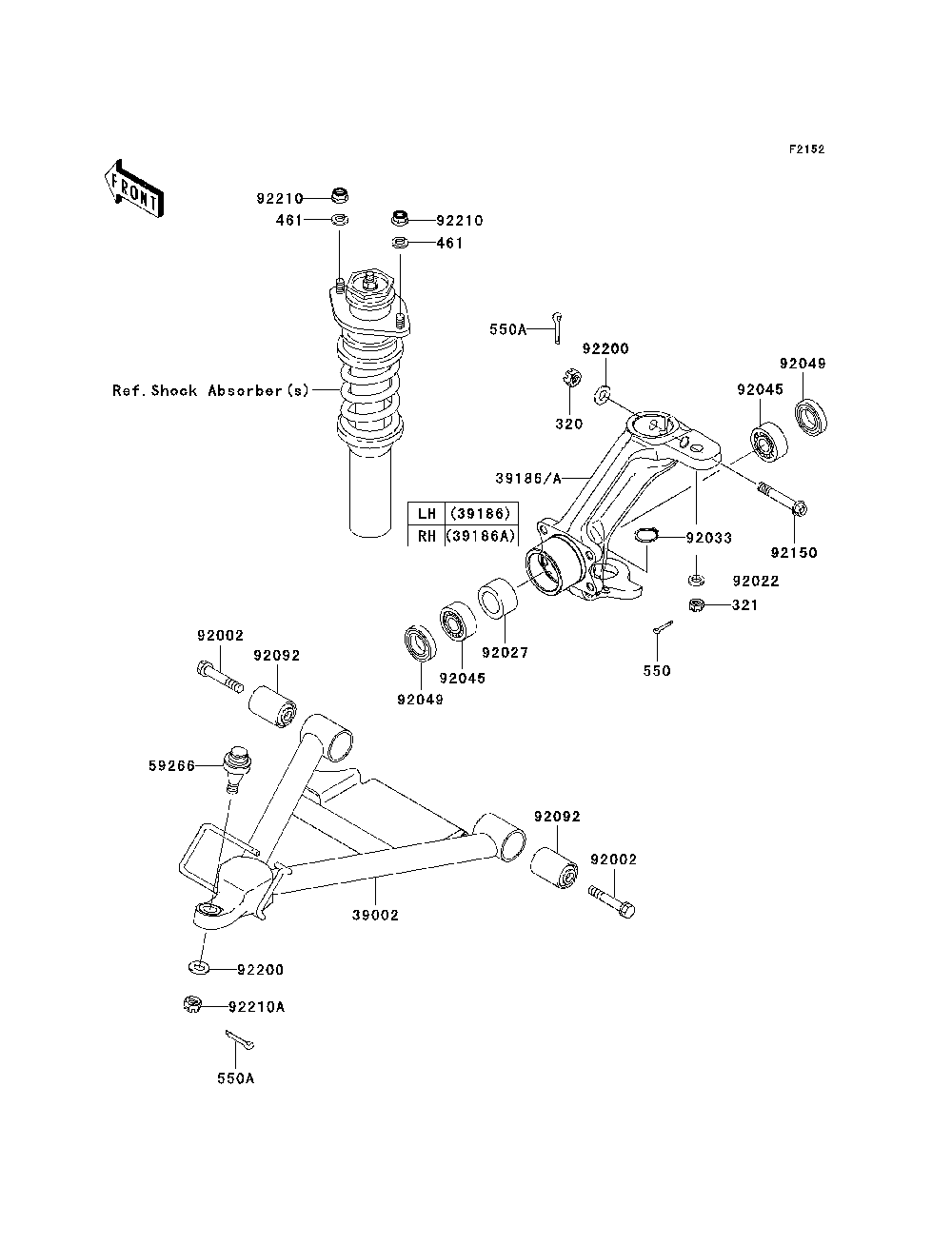 Front Suspension Diagram and Parts List for KAF950E8F 2008 Kawasaki Lawn Tractor Accessories
