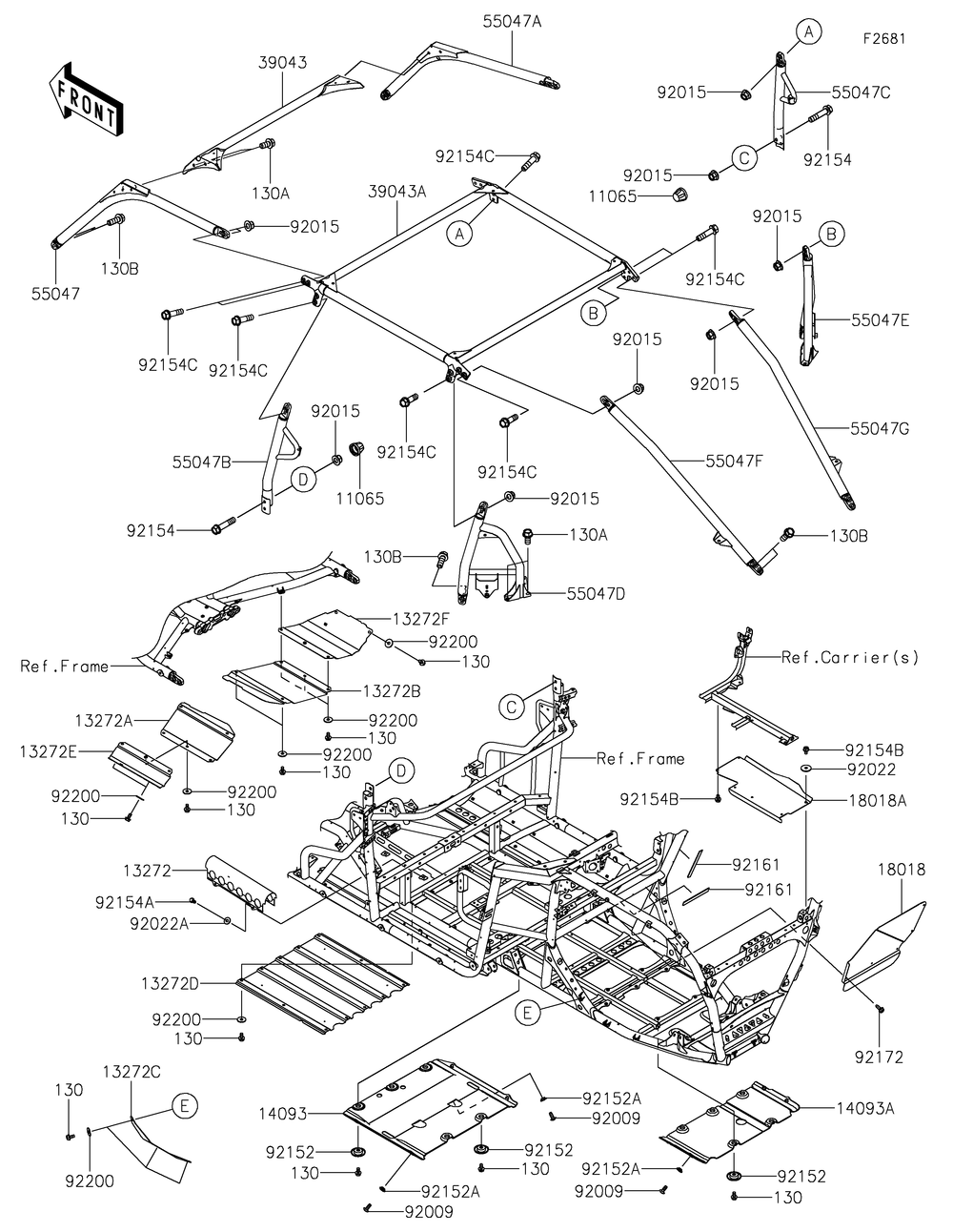 Guards/Cab Frame Diagram and Parts List for KRT1000BPFNL 2023 Kawasaki Lawn Tractor Accessories
