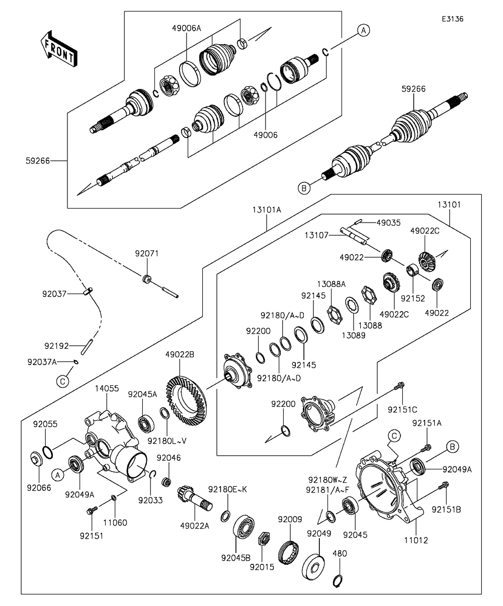 Drive Shaft-Front Diagram and Parts List for KAF400AGF 2016 Kawasaki Lawn Tractor Accessories