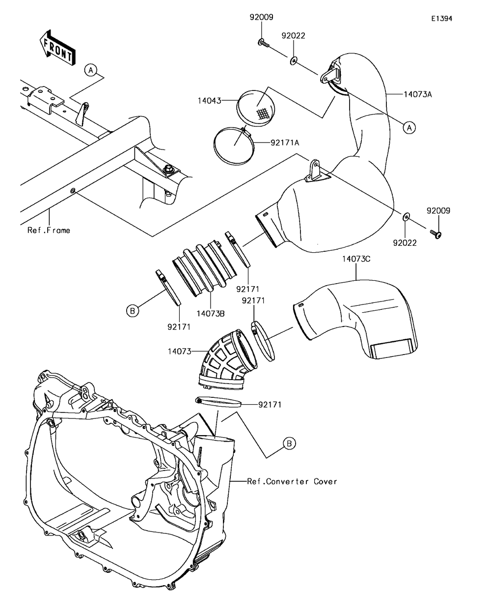 Air Cleaner-Belt Converter Diagram and Parts List for KAF1000DHF 2017 Kawasaki Lawn Tractor Accessories