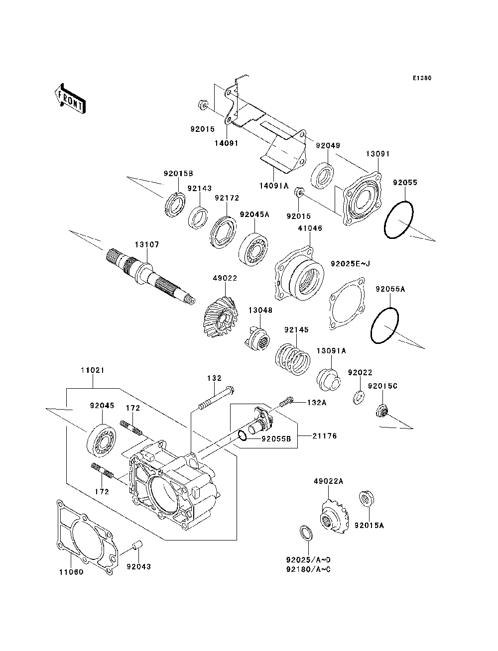 Bevel Gear Case Diagram and Parts List for KAF620MDF 2013 Kawasaki Lawn Tractor Accessories