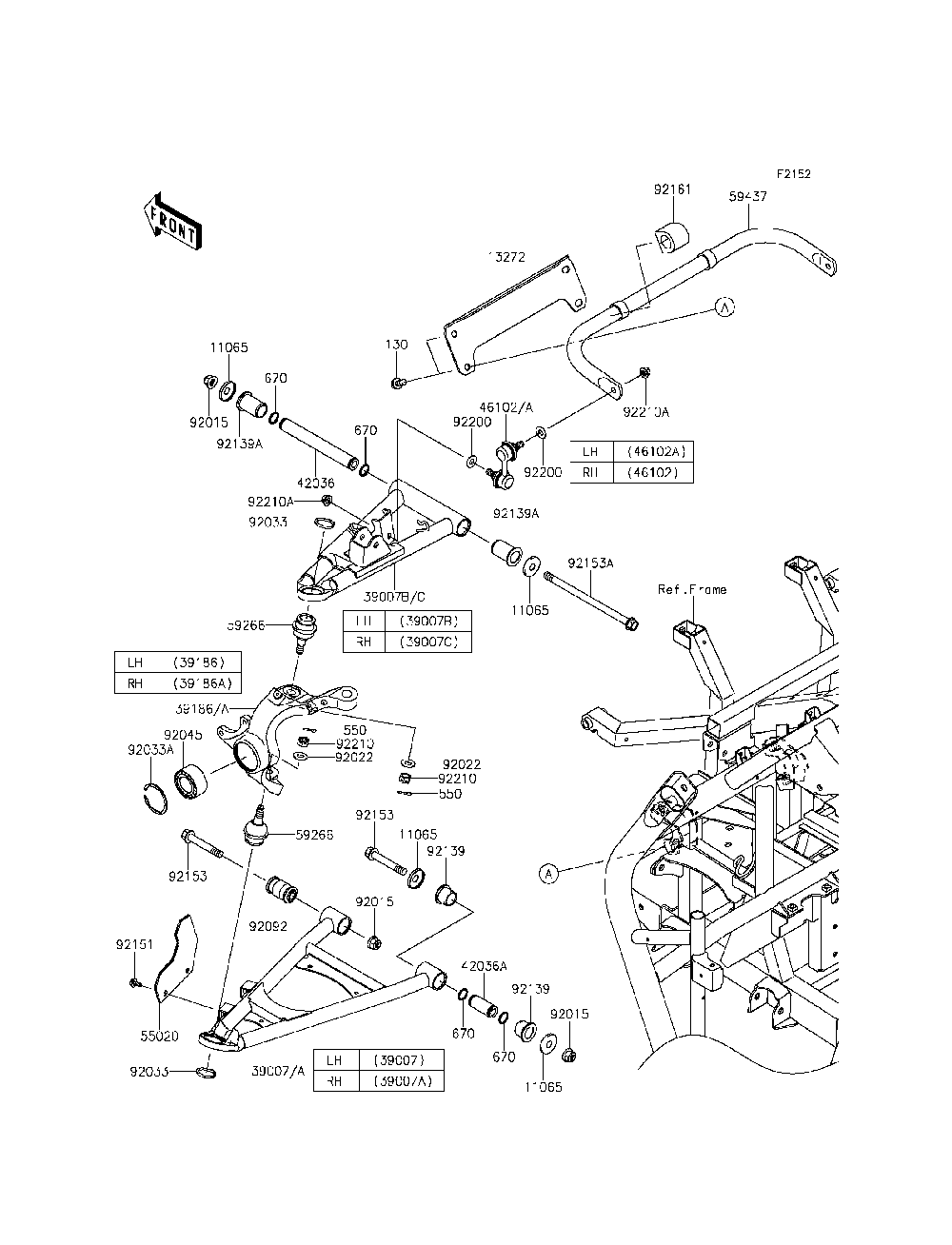 Front Suspension Diagram and Parts List for KRF800DFF 2015 Kawasaki Lawn Tractor Accessories