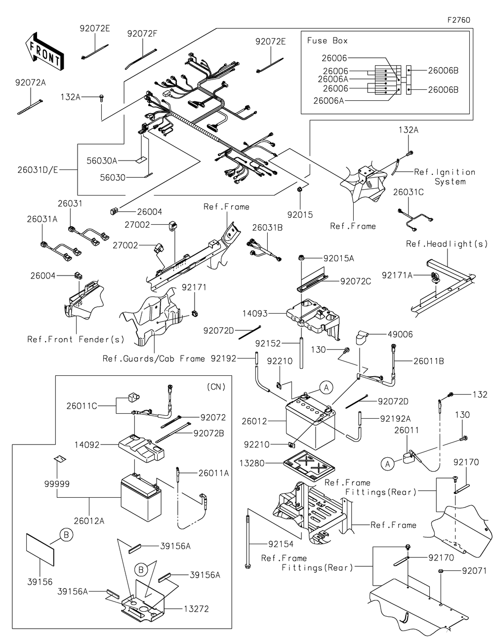 Chassis Electrical Equipment Diagram and Parts List for KRT800LPFNN 2023 Kawasaki Lawn Tractor Accessories