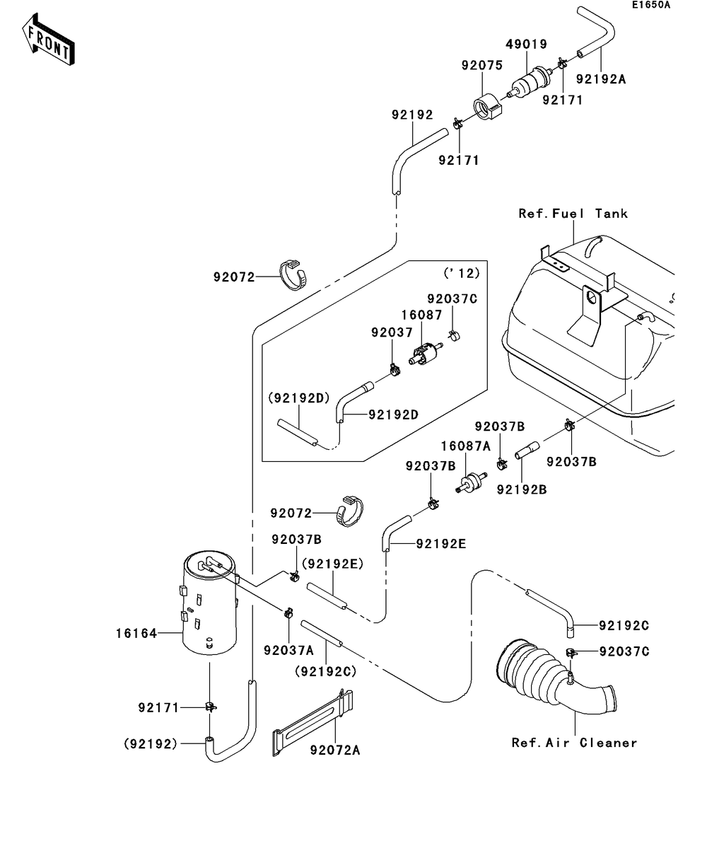 Fuel Evaporative System Diagram and Parts List for KAF400BEF 2014 Kawasaki Lawn Tractor Accessories